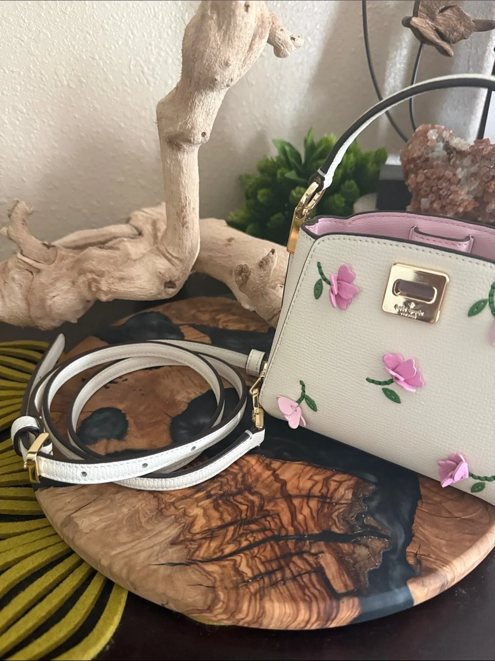 Kate Spade White Top-Handle Mini Bag with Pink Floral Appliqué, never used.